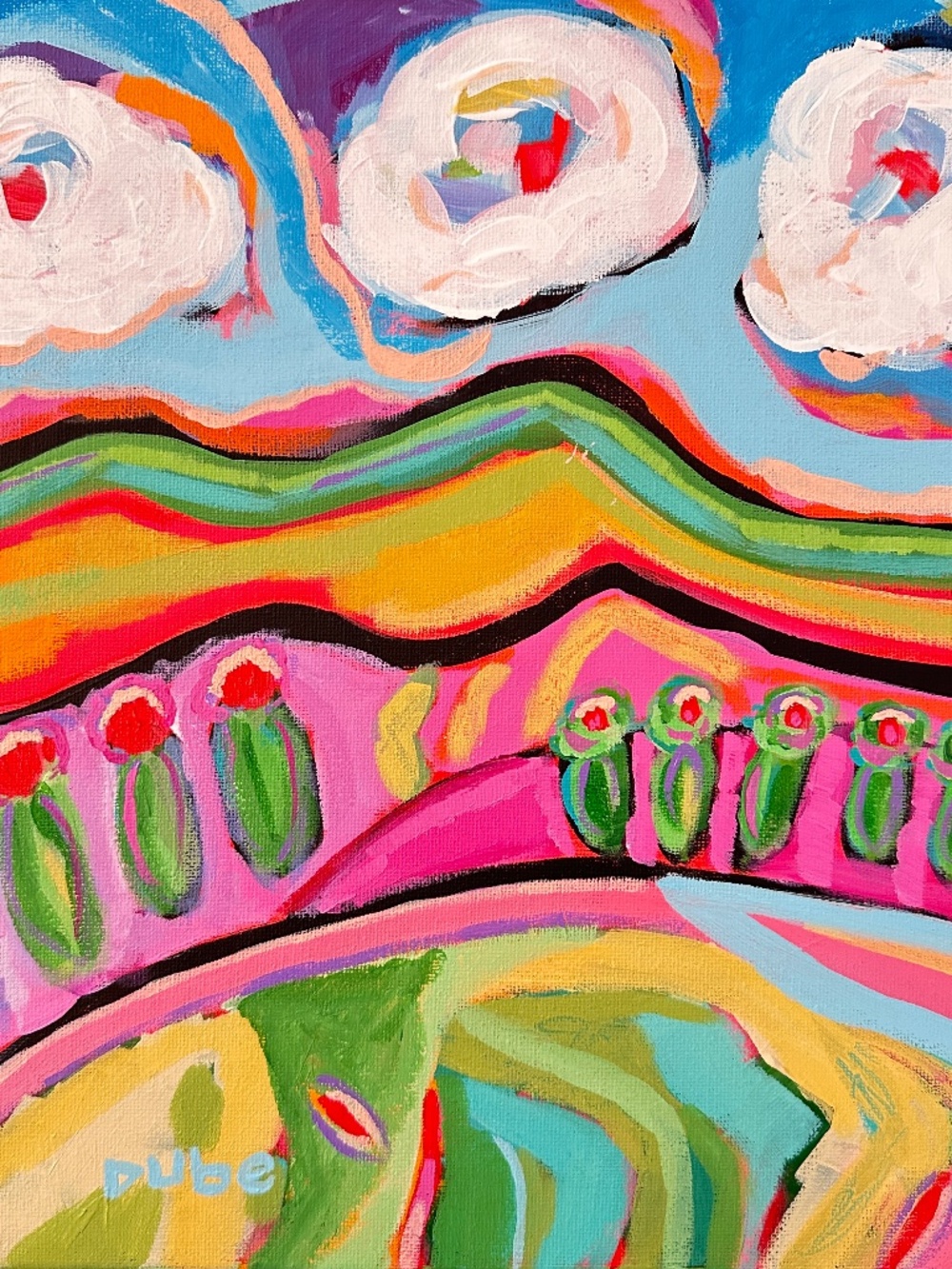 Original Southwest Mountain Landscape Painting Colorful Sky, Cactus 12x12 Canvas